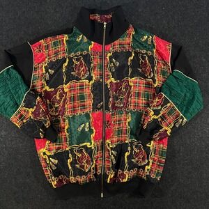 Silver Threads Bomber Jacket Womens L Multi Plaid Chain Print Vintage 90s Retro